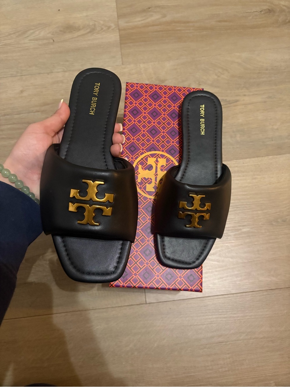 Tory Burch Black Leather Slide Sandals with Gold Logo